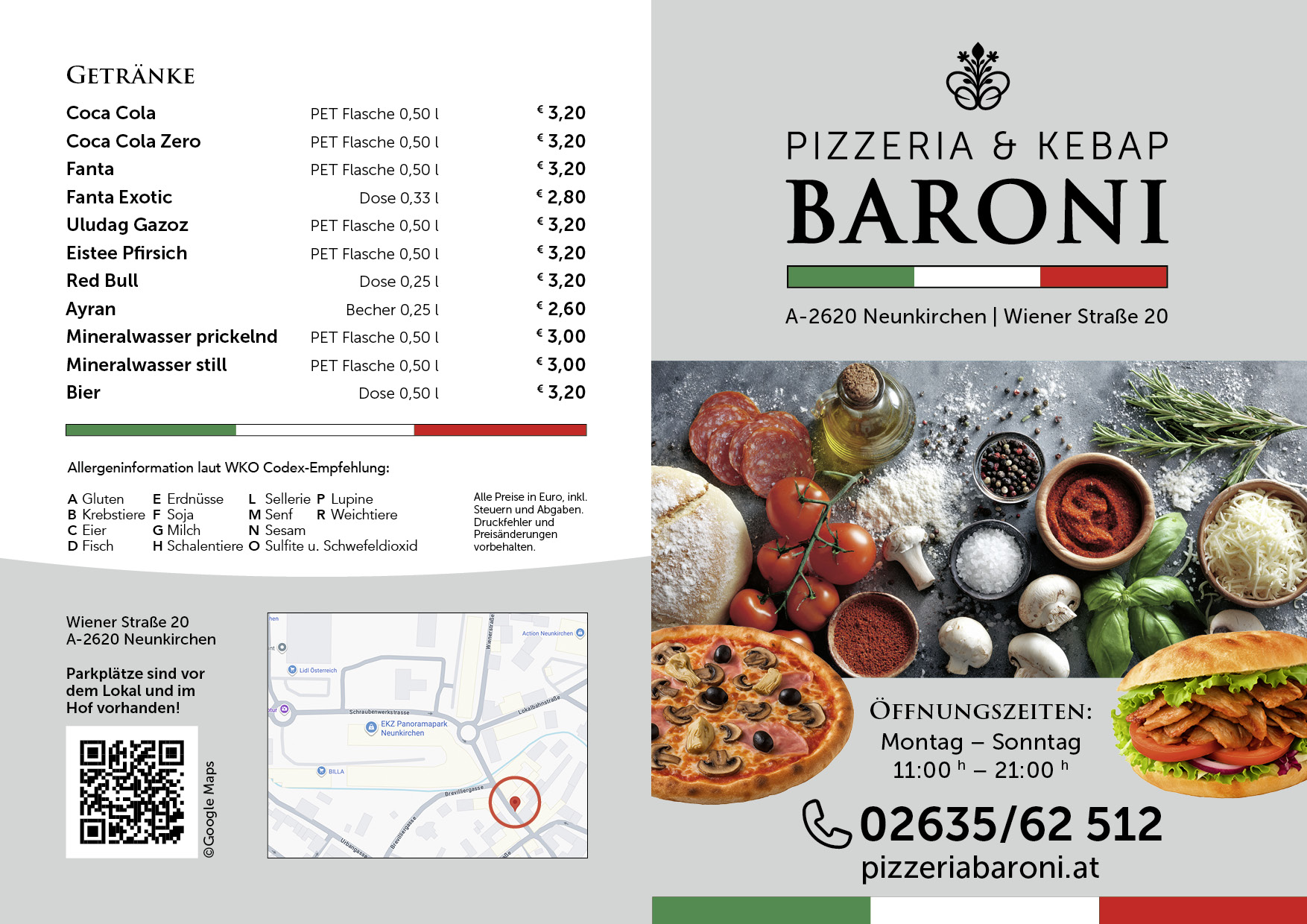 Baroni Speisekarte aktuell außen